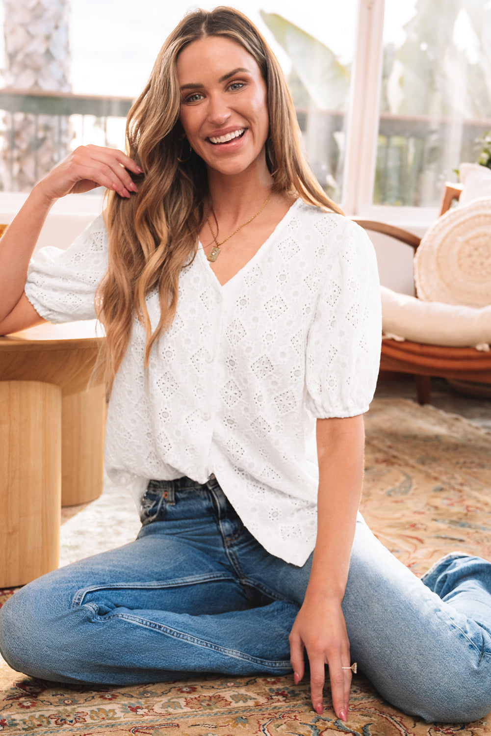 Lace Puff Sleeve V Neck Button Up Shirt