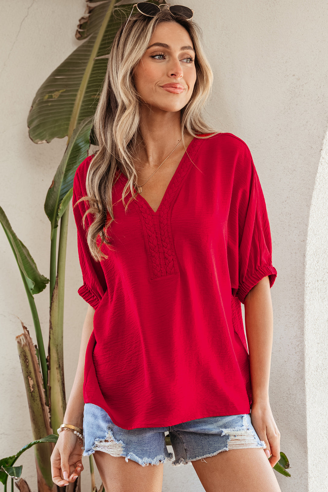 Braided Trim V Neck Half Sleeve Blouse