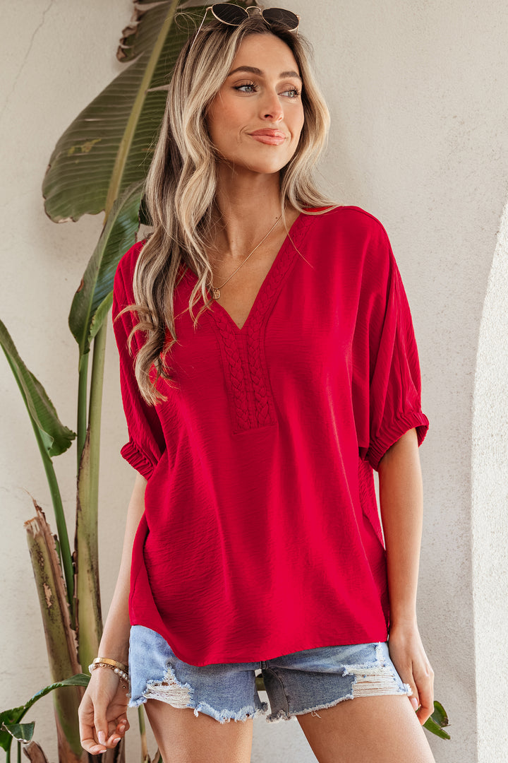 Braided Trim V Neck Half Sleeve Blouse