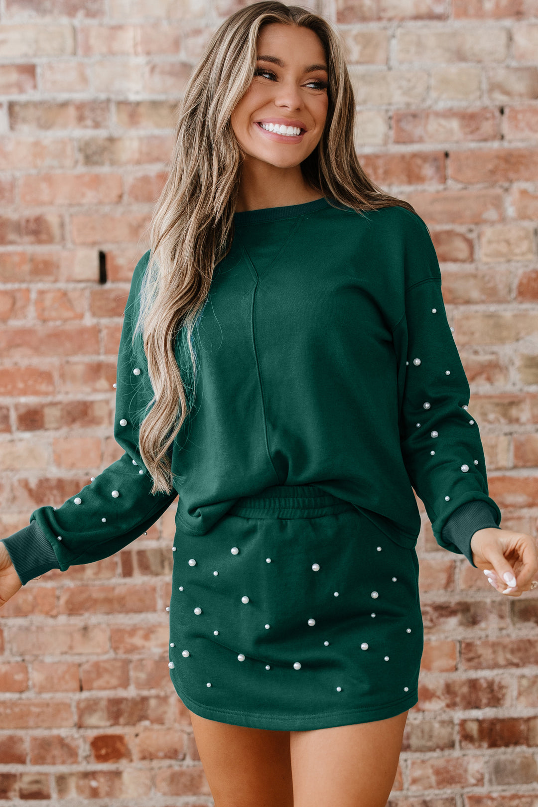 Dark Green Pearl Embellished Pullover Elastic Waist Mini Skirt Set