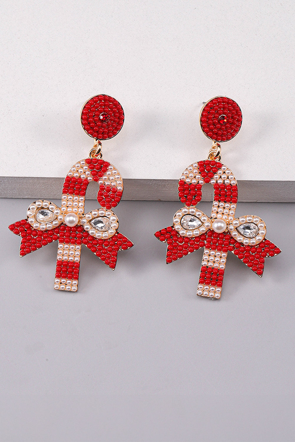 Christmas Candy Cane Pearl Beaded Dangle Earrings