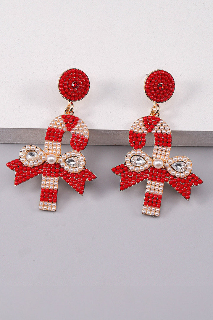 Christmas Candy Cane Pearl Beaded Dangle Earrings