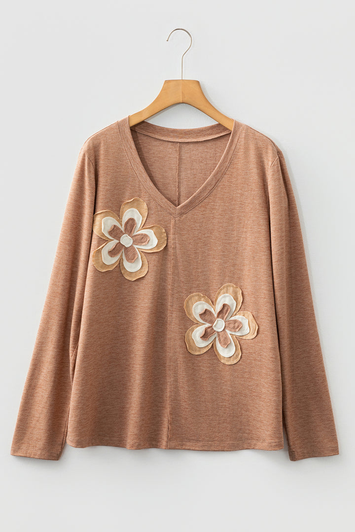 Floral Patchwork V Neck Long Sleeve T Shirt