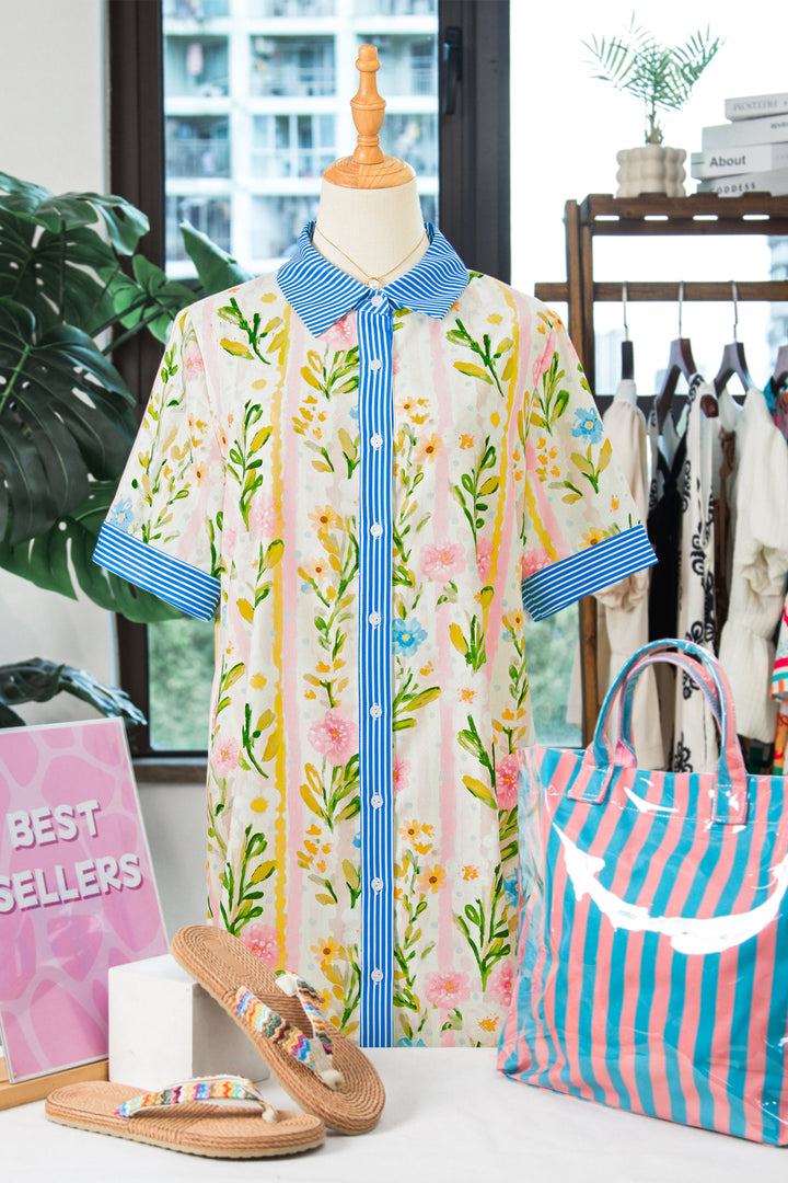 Chic Multicolour Floral Print Striped Trim Button Down Shift Dress