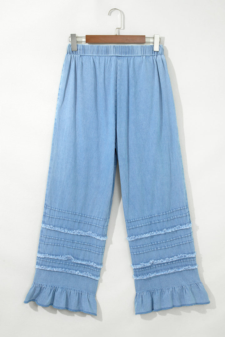 Casual Beau Blue Ruffled Hem Wide Leg Chambray Pants