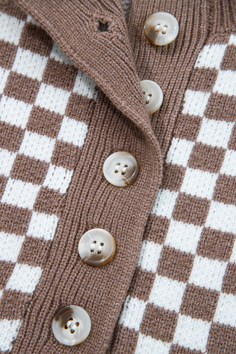 Half Button Ribbed Trim Checkerboard Knit Sweater