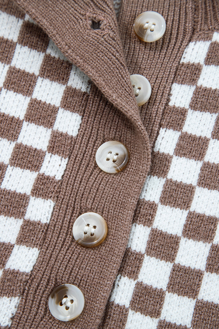 Half Button Ribbed Trim Checkerboard Knit Sweater