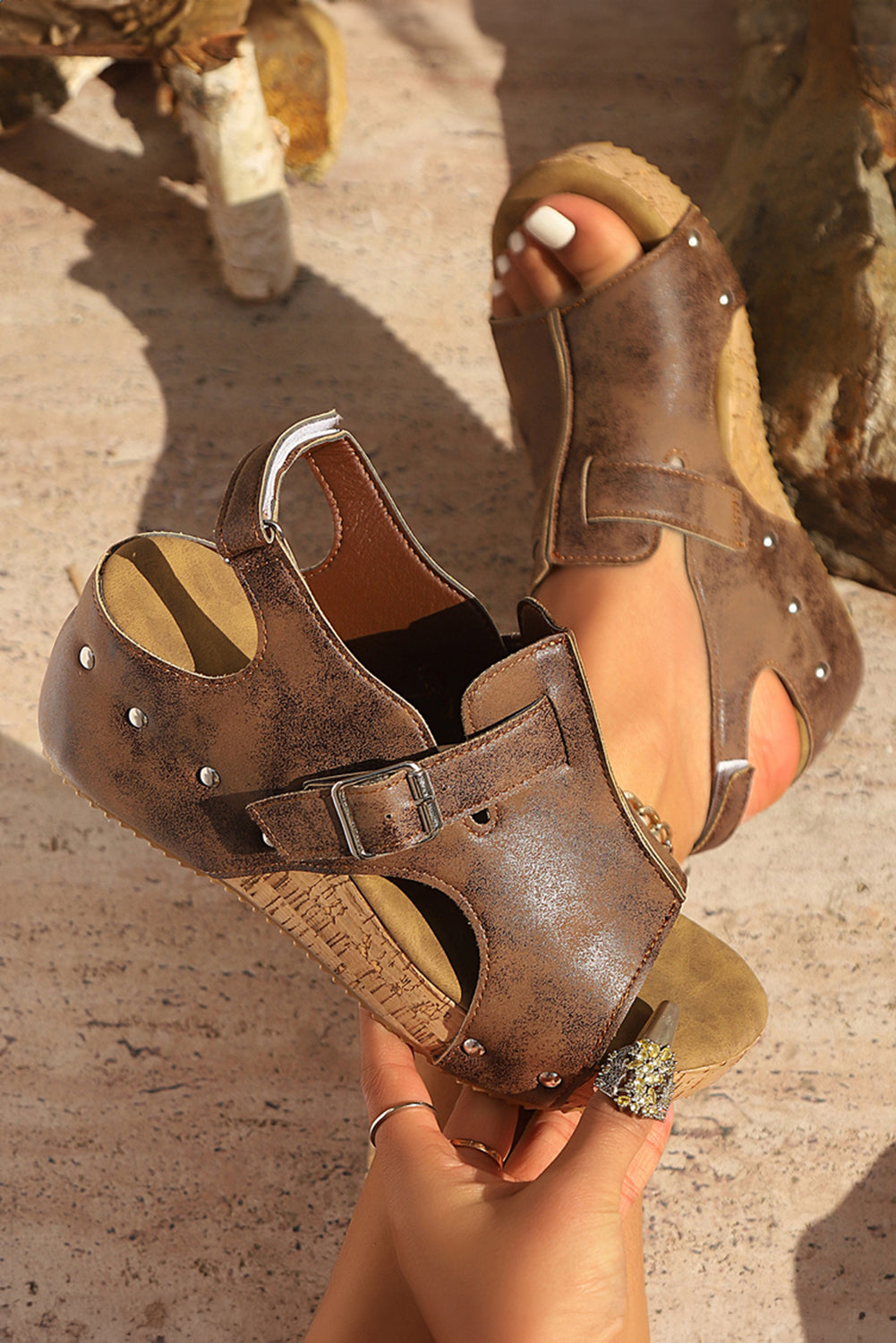 Cut Out Buckle Decor PU Leather Platform Sandals