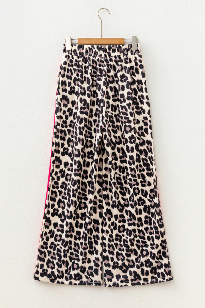 Rose Contrast Detail Tie Waist Leopard Print Casual Pants