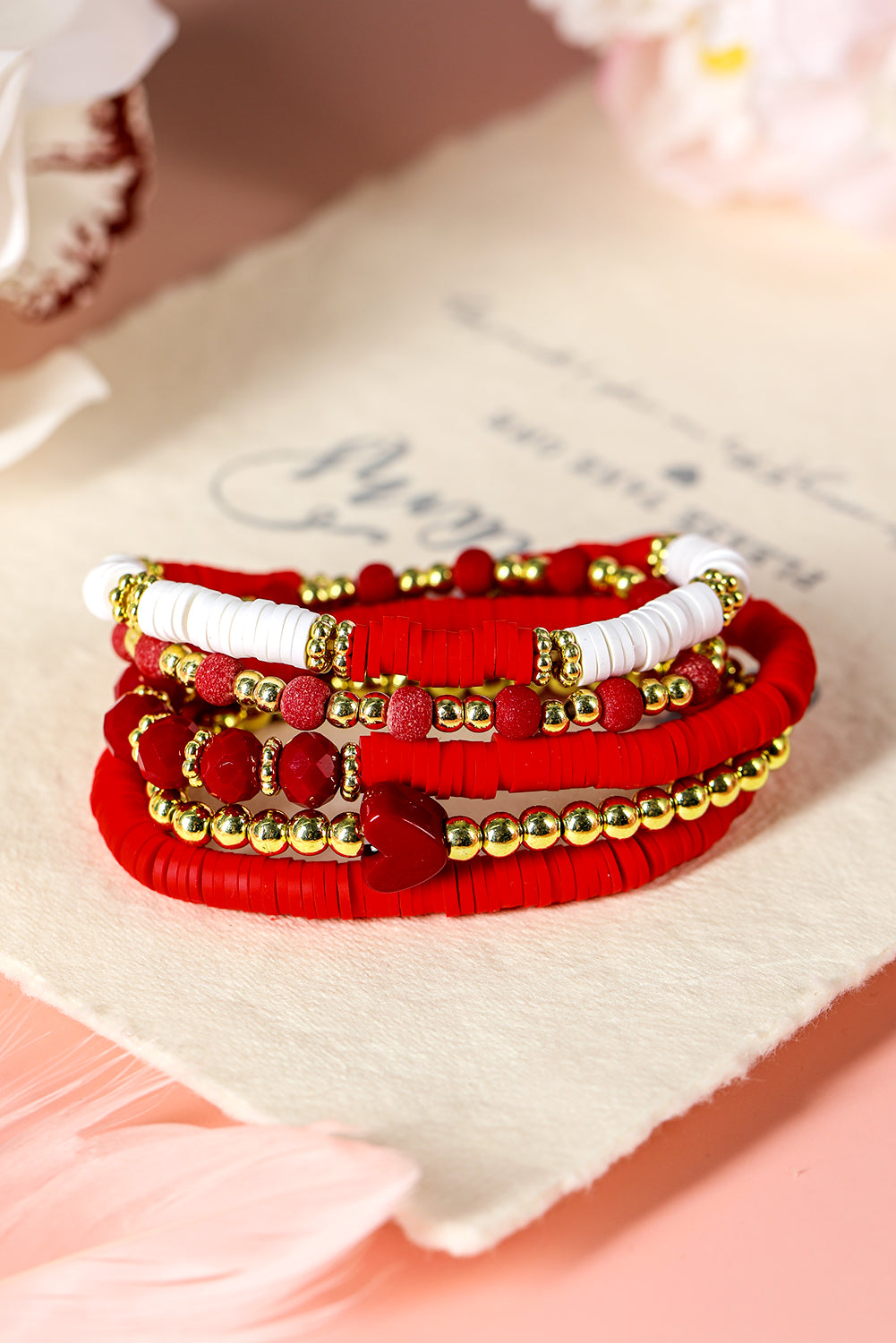 Ensemble de bracelets élastiques multicouches en perles de cœur