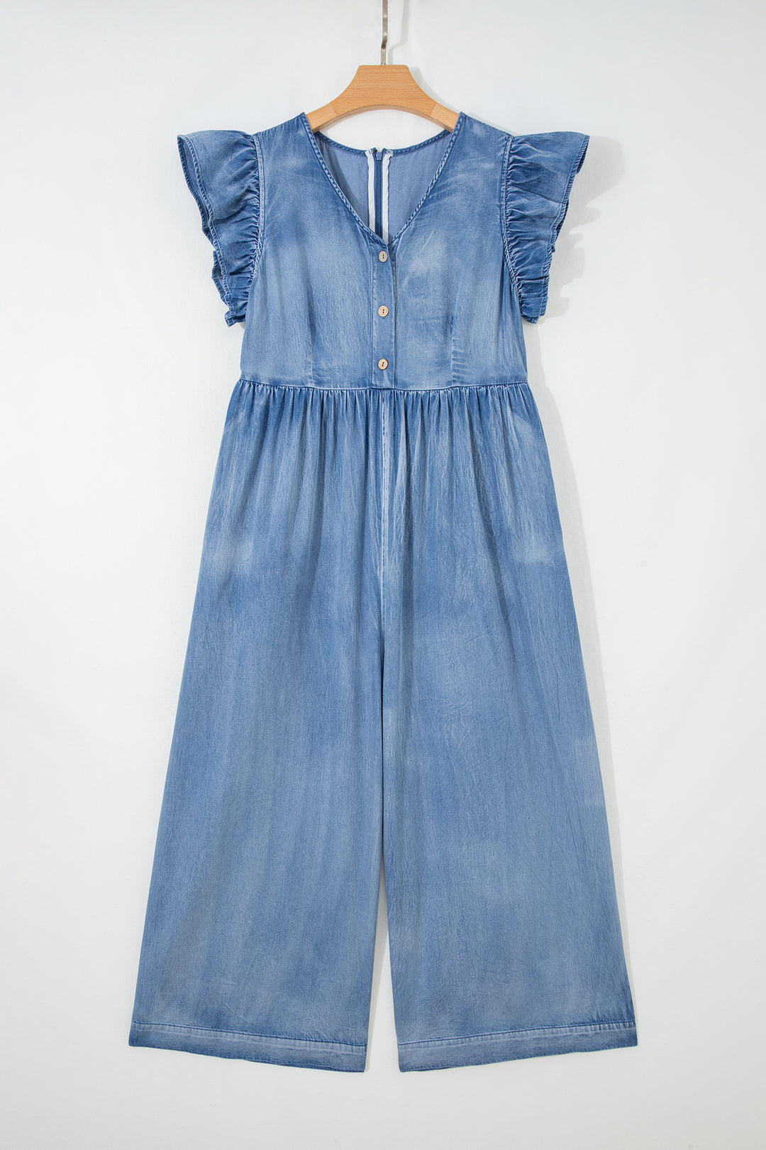 Ashleigh Blue Ruffled Short Sleeve Button V Neck Wide Leg Denim Jumpsuit