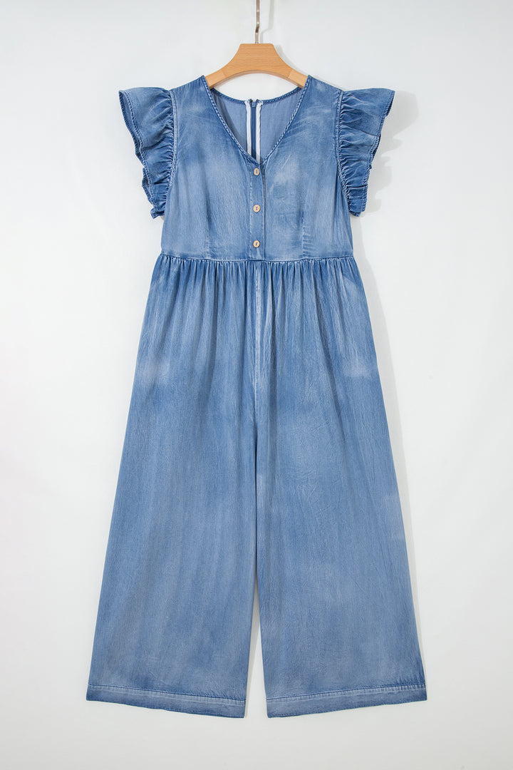 Ashleigh Blue Ruffled Short Sleeve Button V Neck Wide Leg Denim Jumpsuit