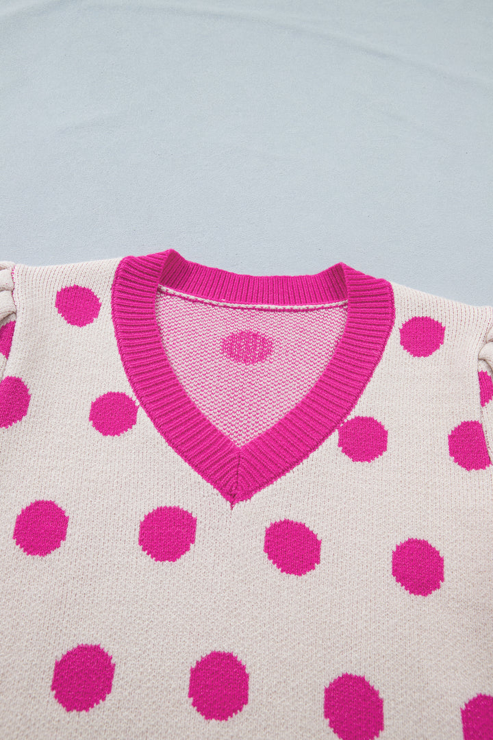 Pink Polka Dot Puff Short Sleeve Sweater Top