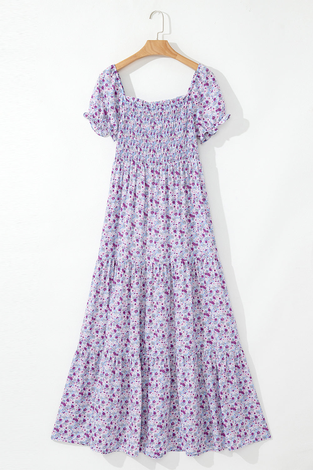 Floral Short Bubble Sleeve Shirred High Waist Maxi Dress