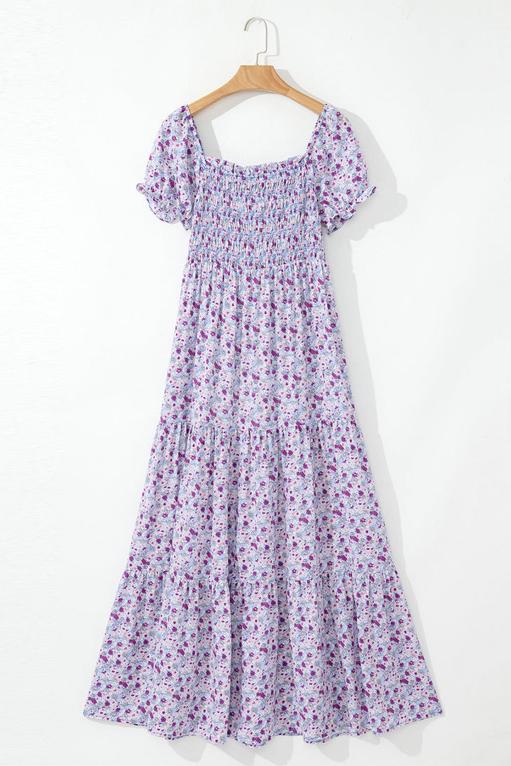 Floral Short Bubble Sleeve Shirred High Waist Maxi Dress