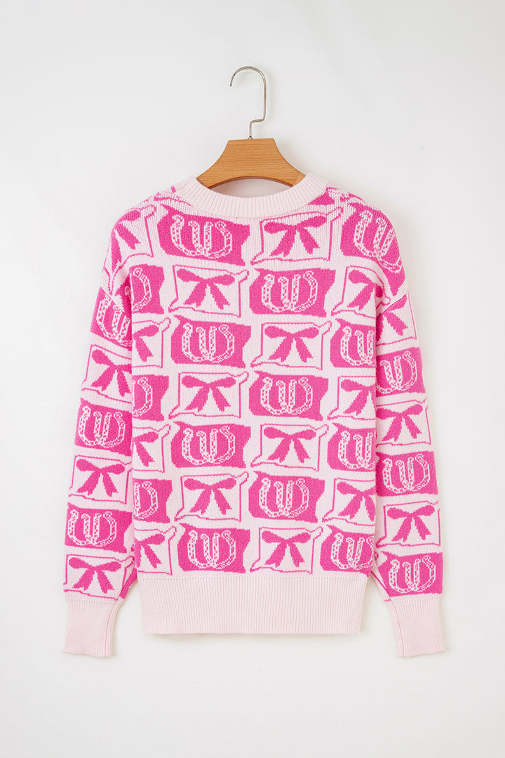 Pink Bows &amp; Horseshoes Pattern Western Fashion Print Sweater