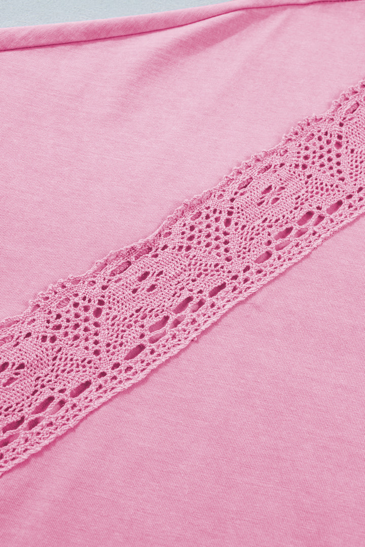 Pink Raw Cut Notched Neck Lace Patchwork Detail Mineral Wash Tee