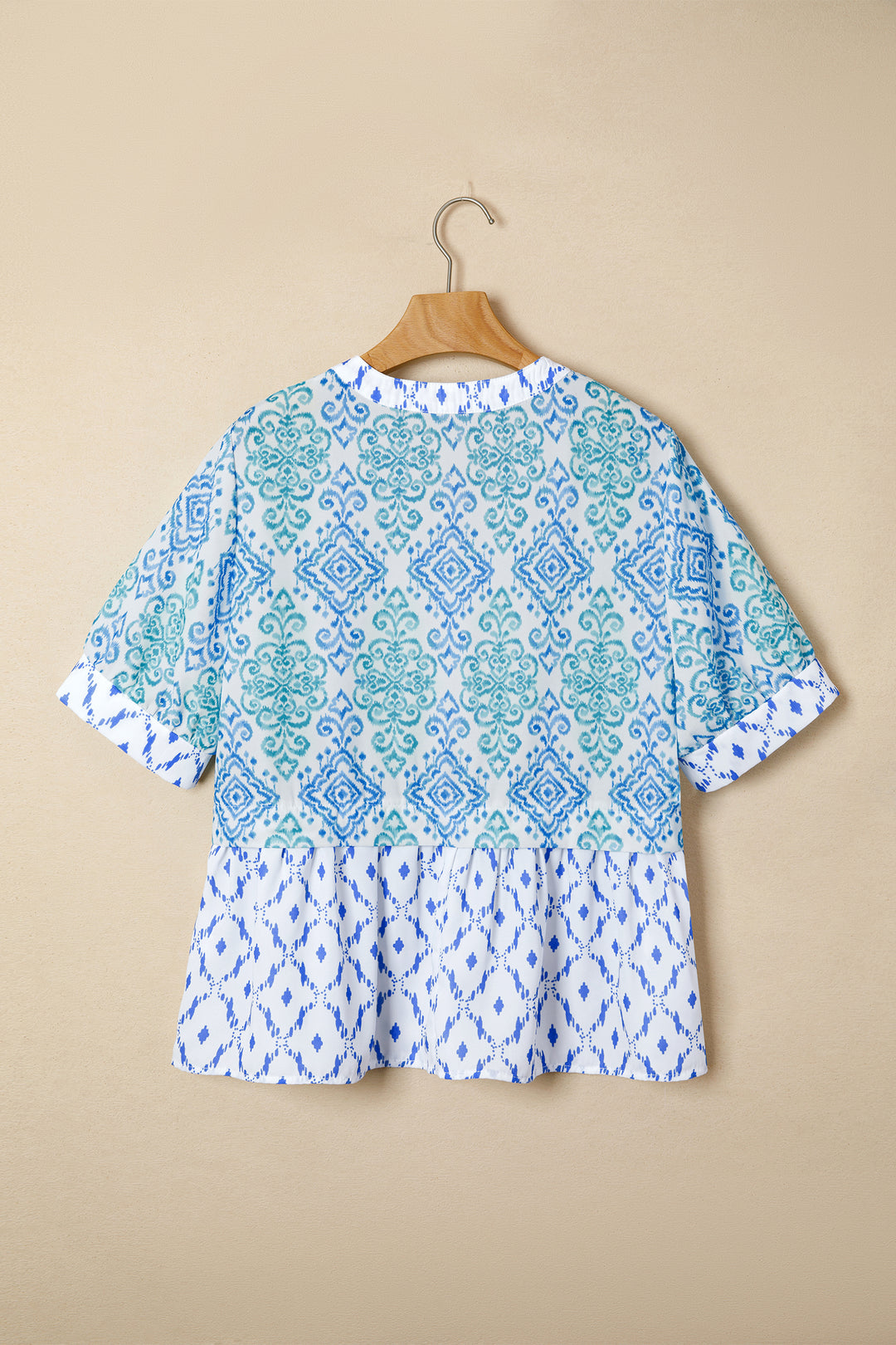 Sky Blue Boho Floral Geometric Patchwork Short Puff Sleeve Babydoll Blouse