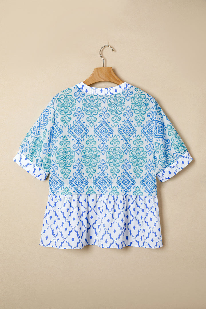 Sky Blue Boho Floral Geometric Patchwork Short Puff Sleeve Babydoll Blouse