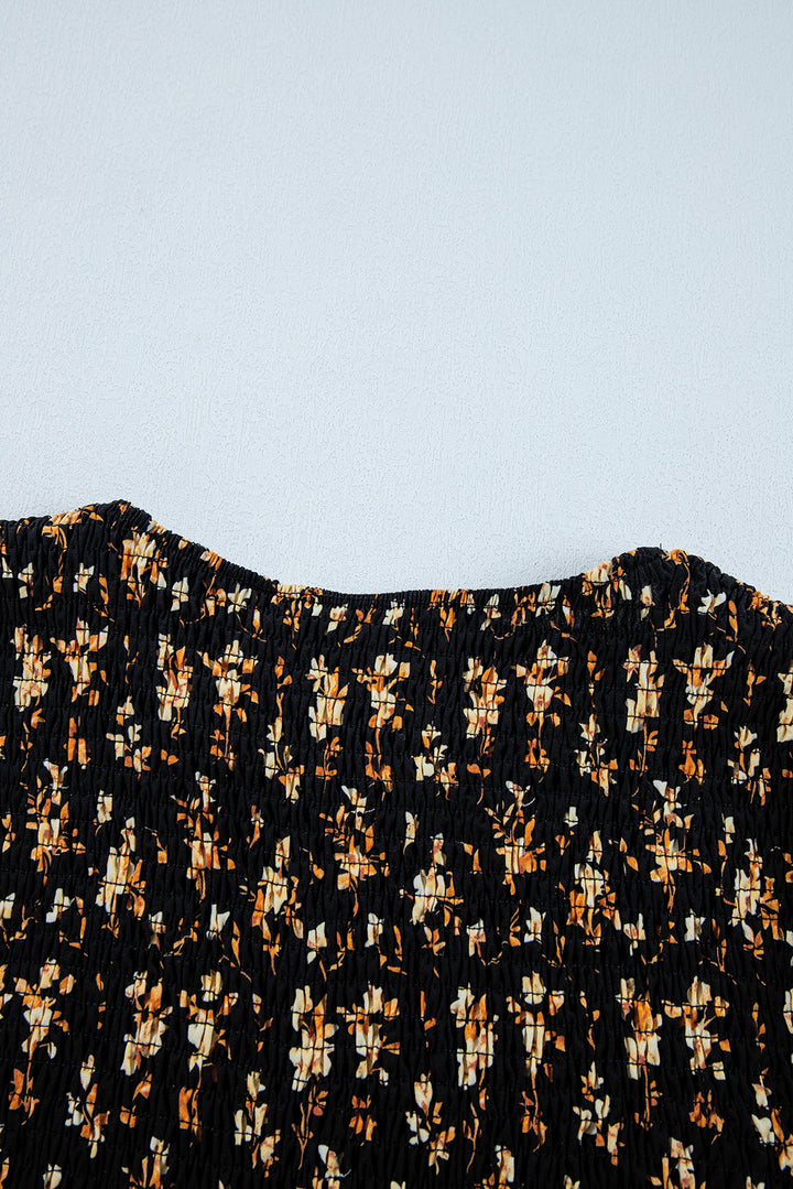 Black Boho Floral Smocked Bust Ruffled Peplum Blouse