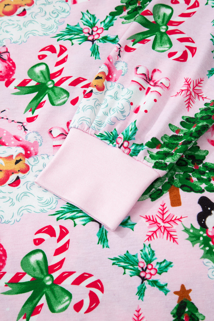 Pink Christmas Pattern Button V Neck Pullover Drawstring Pants 2pcs Lounge Set