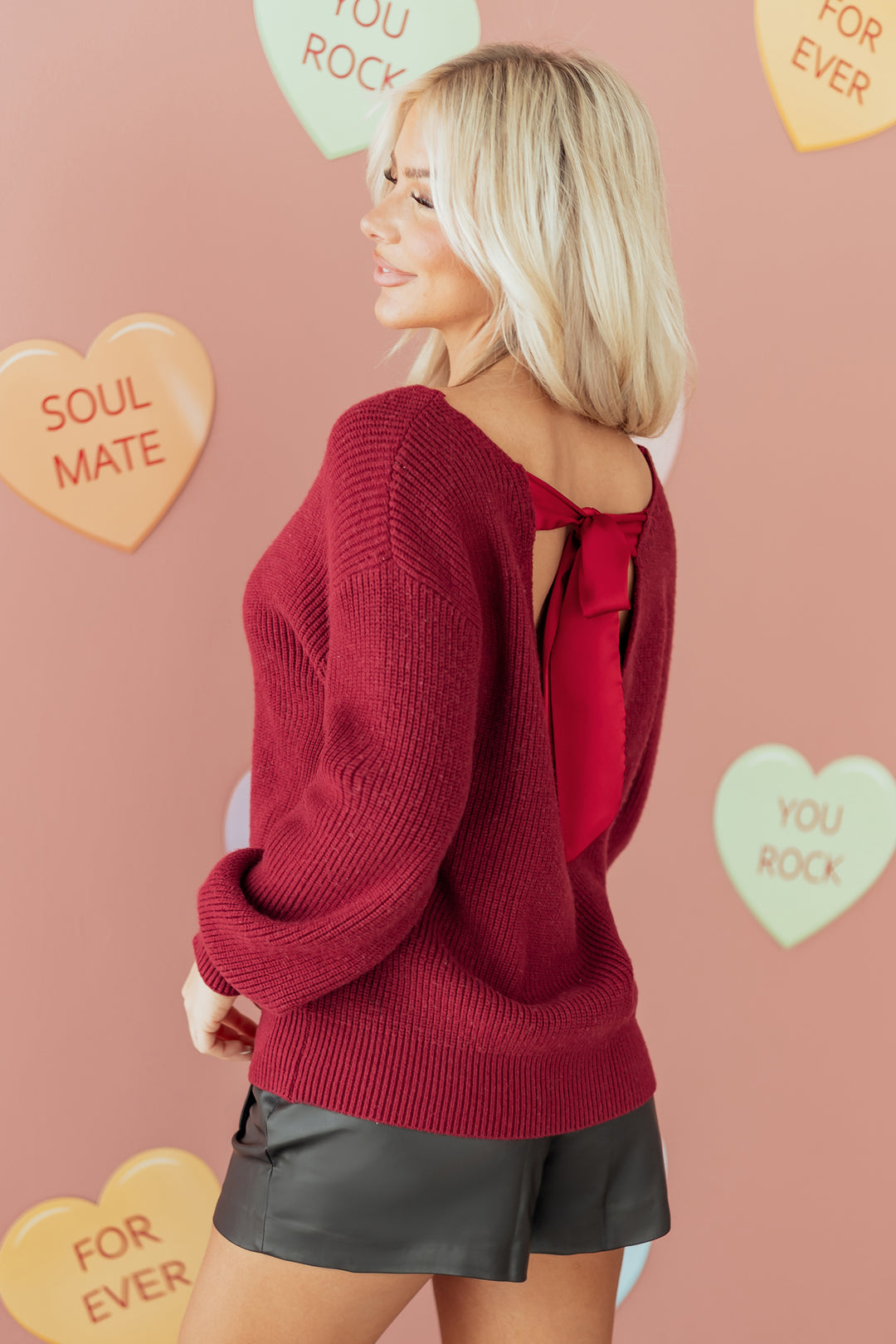 Ribbed Knit Ribbon Knot Backless Drop Shoulder Sweater