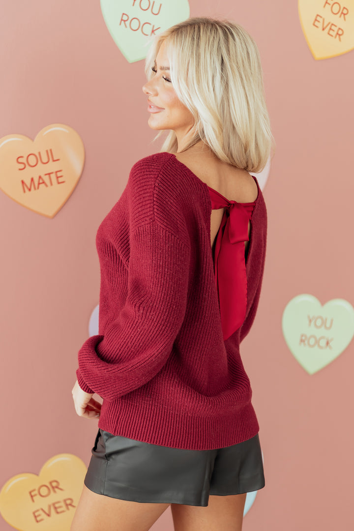 Ribbed Knit Ribbon Knot Backless Drop Shoulder Sweater