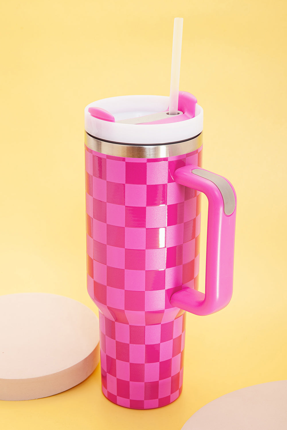 Checkered Print Handled Stainless Steel Tumbler Cup 40oz