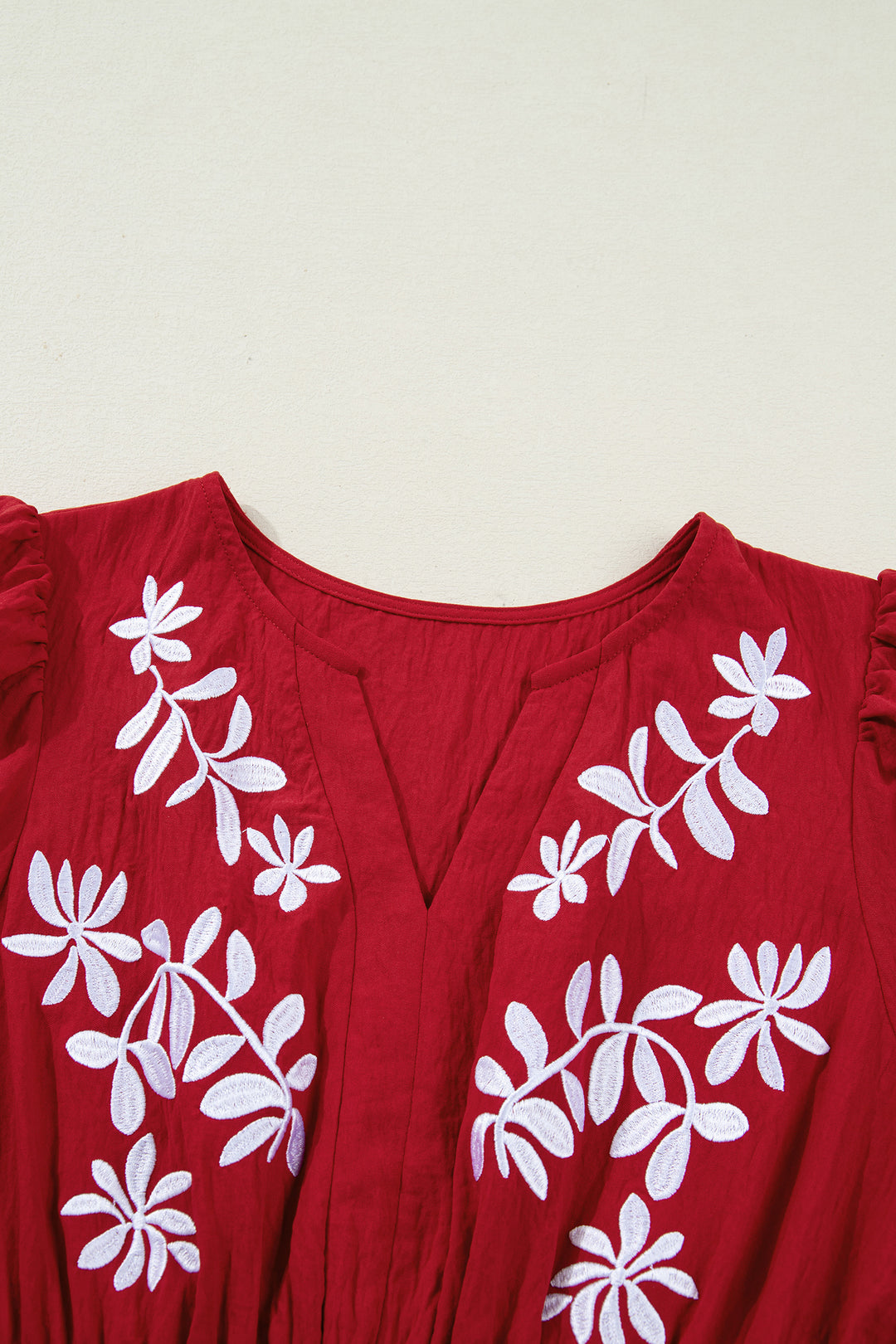Contrast Embroidered Detail Cinched Waist Tiered Long Sleeve Maxi Dress