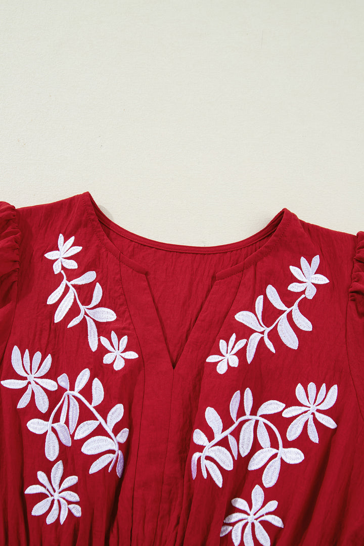 Contrast Embroidered Detail Cinched Waist Tiered Long Sleeve Maxi Dress