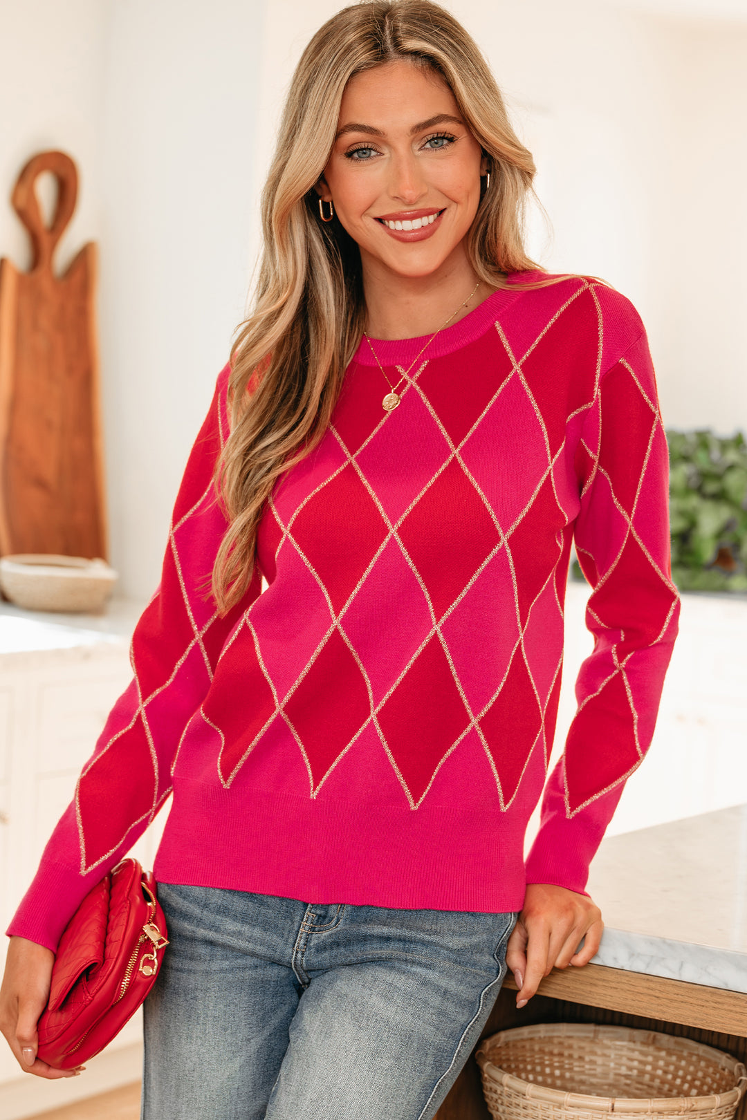 Glitter Rhombus Pattern Knit Womens Casual Sweater