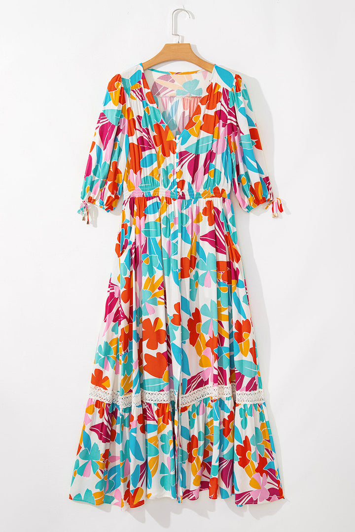 Floral Knot Puff Sleeve V Neck Buttoned Front Split Lace Maxi Dress