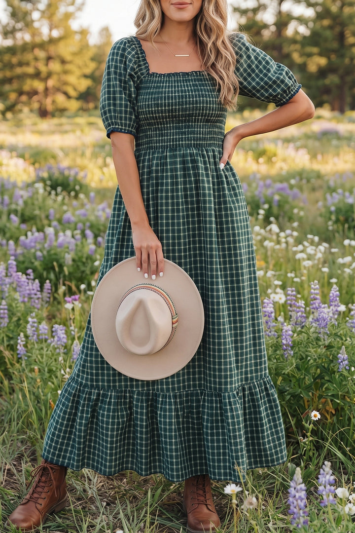 Green Plaid Square Neck Shirred High Waist Ruffle Hem Long Dress