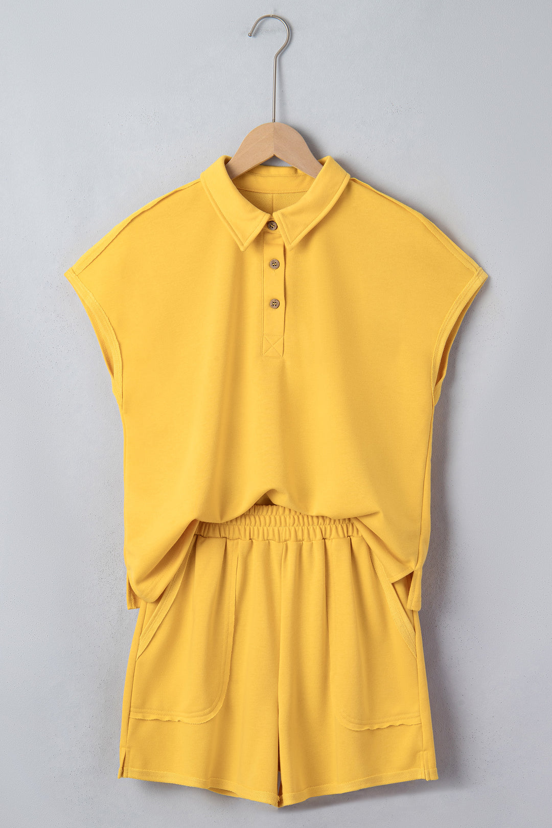 Banana Cream Loose Polo Tee Elastic Waist 2pcs Short Set