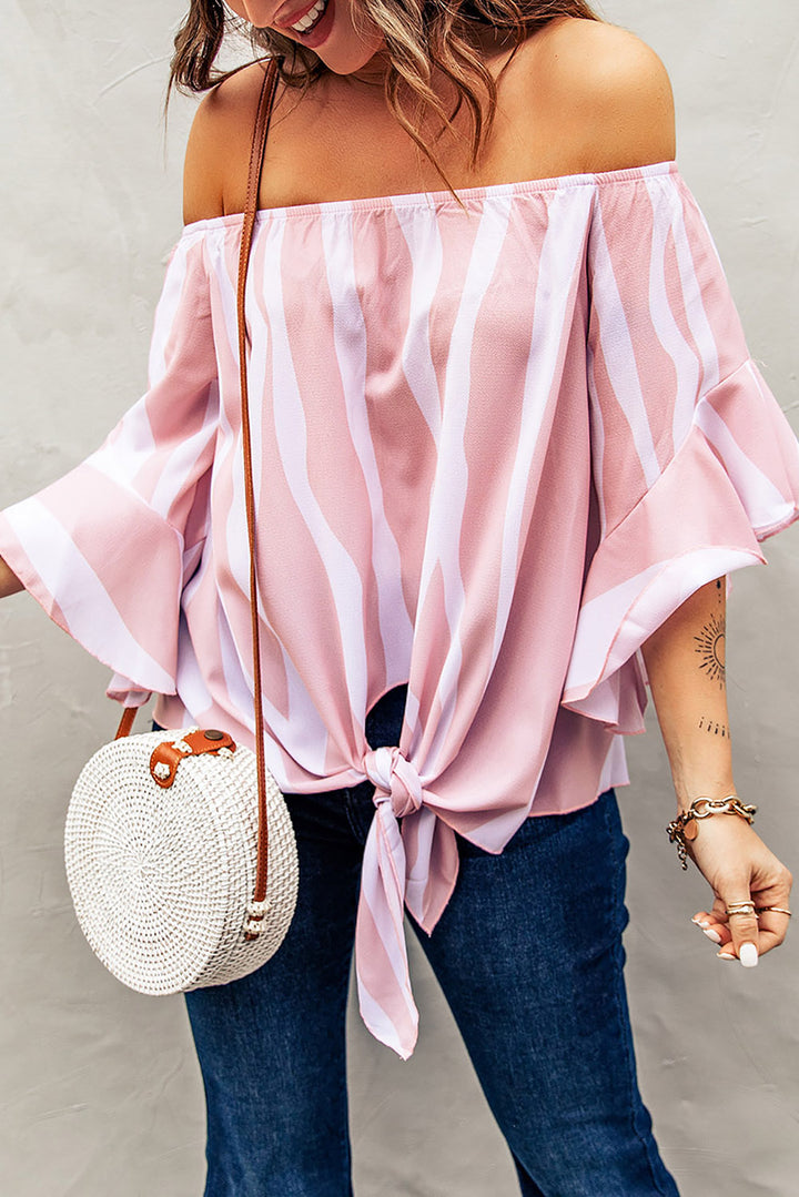 Off The Shoulder Pink White Vertical Stripes Blouse