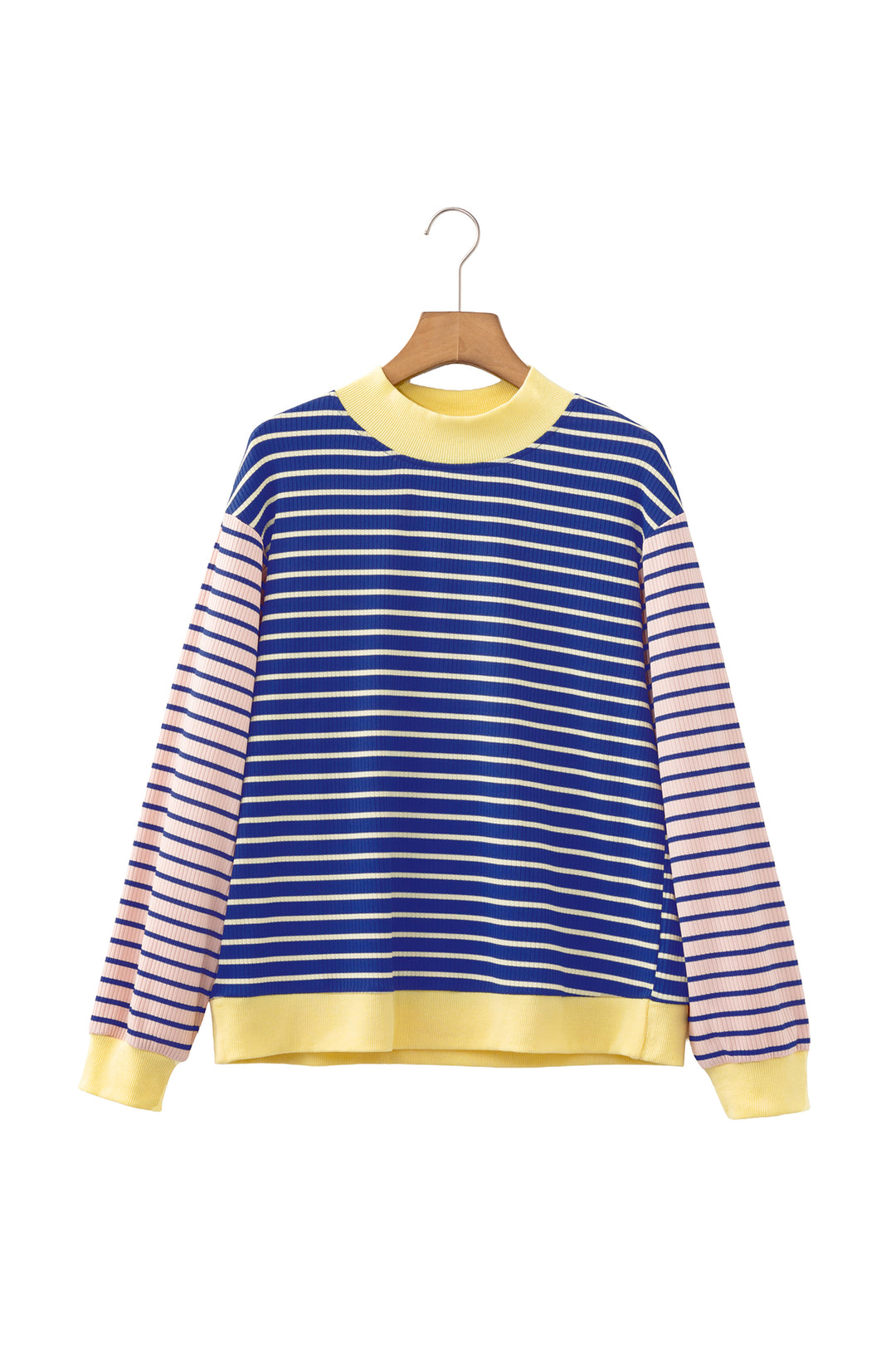 Blue Stripe Contrast Long Sleeve Crew Neck Pullover Top