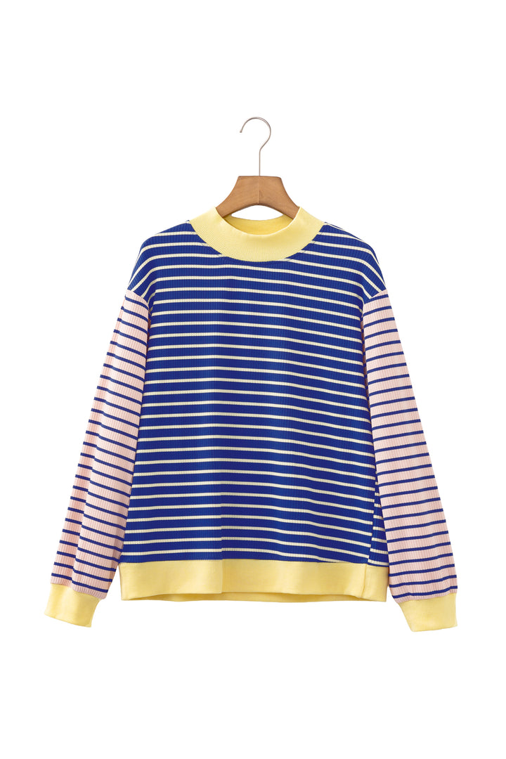 Blue Stripe Contrast Long Sleeve Crew Neck Pullover Top