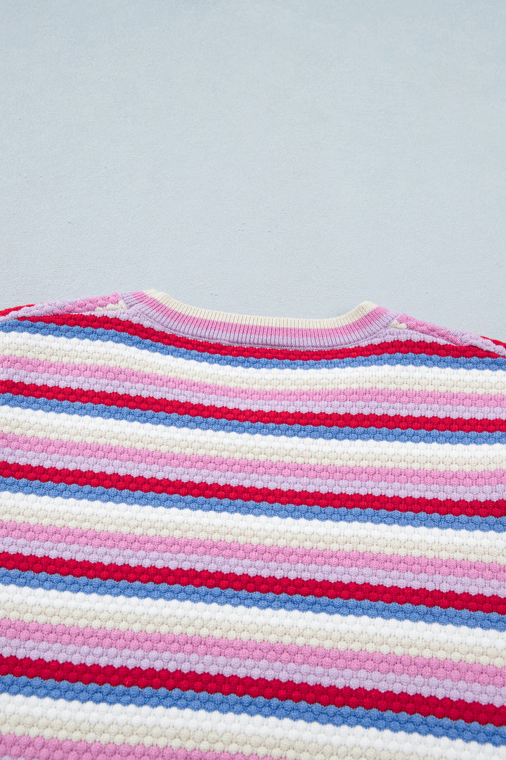Multicolour Textured Stripes Knit Short Sleeve Sweater