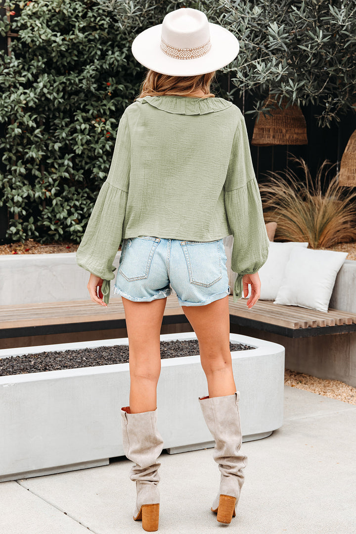 Bow Tie Front Ruffle Trim V Neck Long Sleeve Gauze Blouse