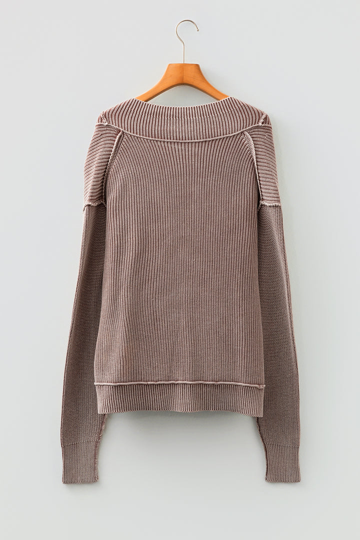 Chestnut Mineral Wash Exposed Seam Patchwork Knit Open Sweater Cardigan