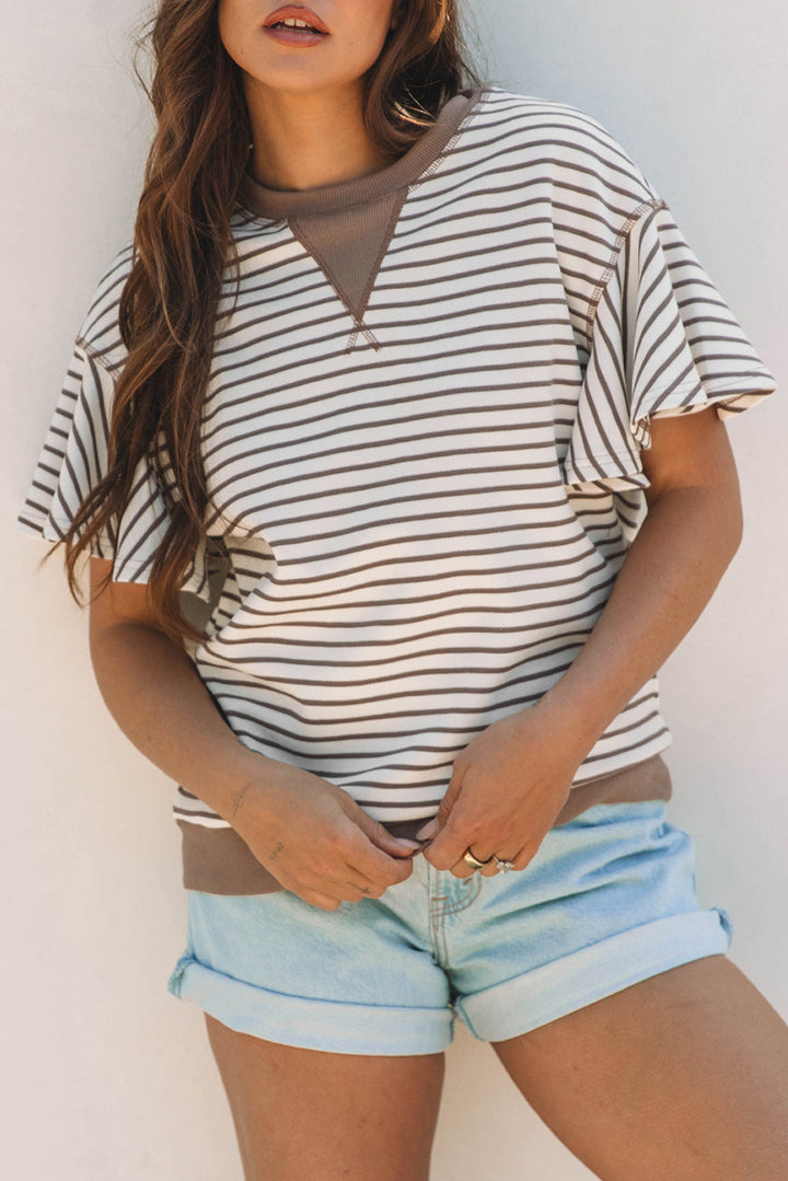 contrast detail striped ruffle short sleeve top