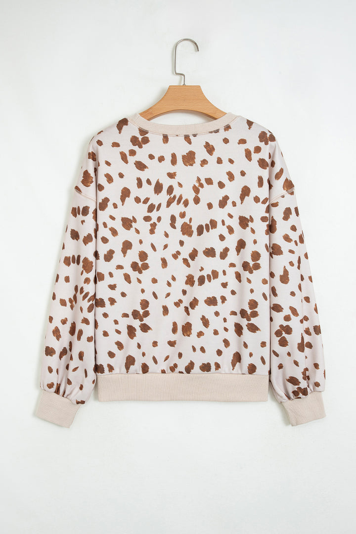 Brown Leopard Print Dropped Shoulder Round Neck Casual Sweatshirt