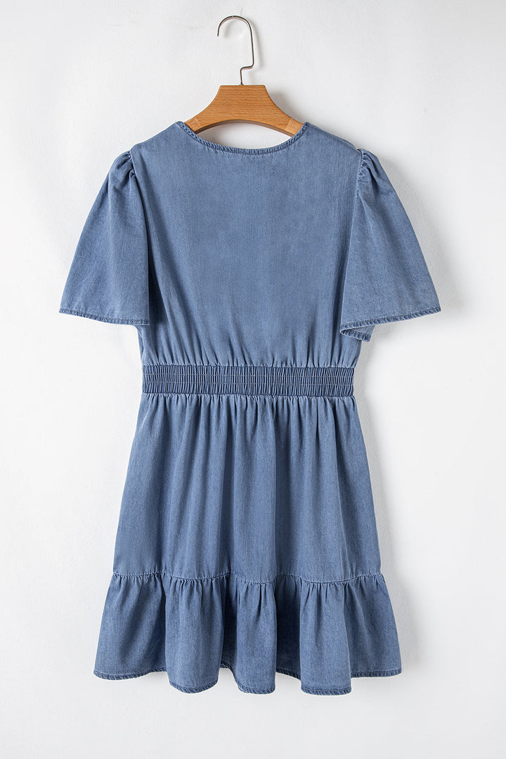 Ruffled V Neck Smocked High Waist Denim Mini Dress