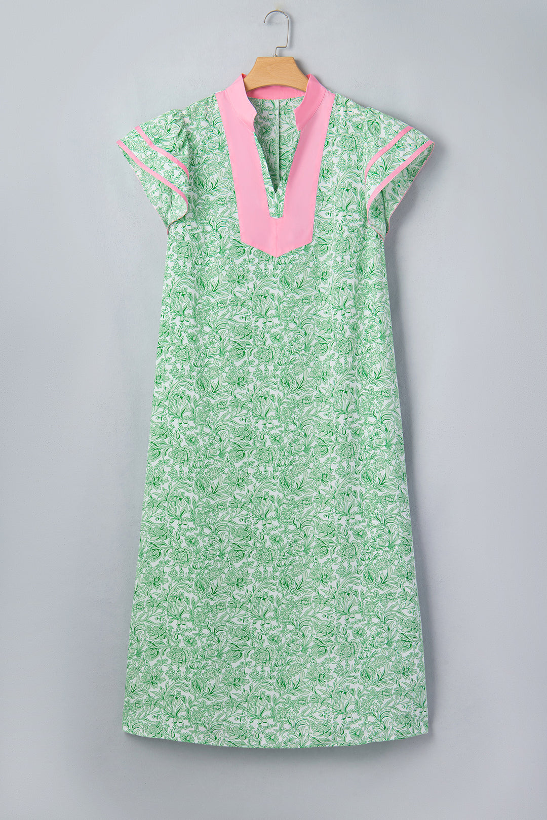 Green Contrast Trim Flutter Sleeve Floral Kaftan Plus Size Maxi Dress