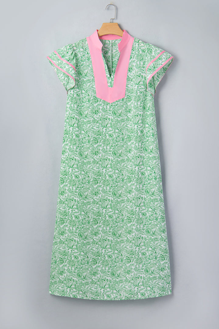 Green Contrast Trim Flutter Sleeve Floral Kaftan Plus Size Maxi Dress