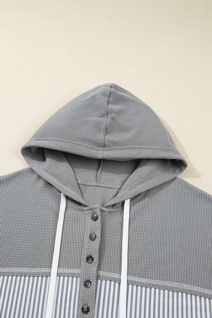 Gray Mixed Pattern Waffle Knit Patchwork Half Buttons Plus Hooded Top