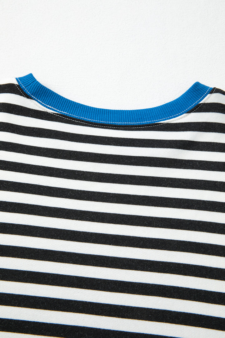 Striped Contrast Ribbed Trim Crossed Stitch Drop Shoulder Sweatshirt