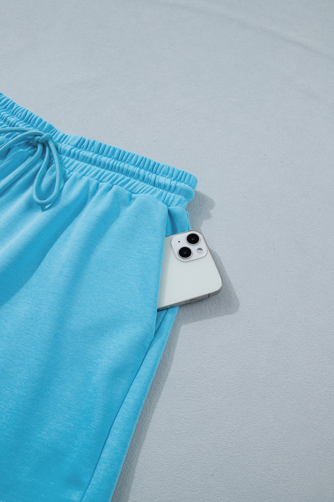 Light Blue Solid Color Puffy Loose Top Drawstring Shorts 2pcs Outfit