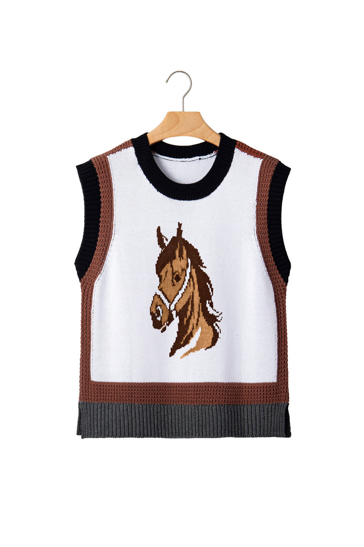White Western Horse Head Colorblock Trim Sweater Vest