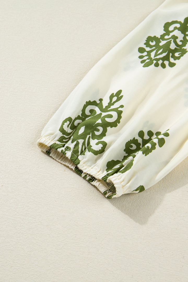 Floral Print Tie V Neck Button Down Puffy Half Sleeve Shirt